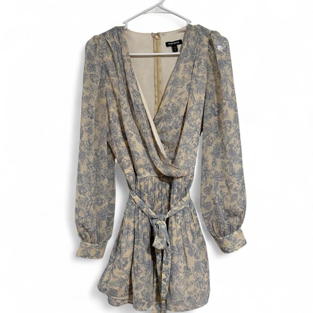 Express blue floral print mini dress with tie waist